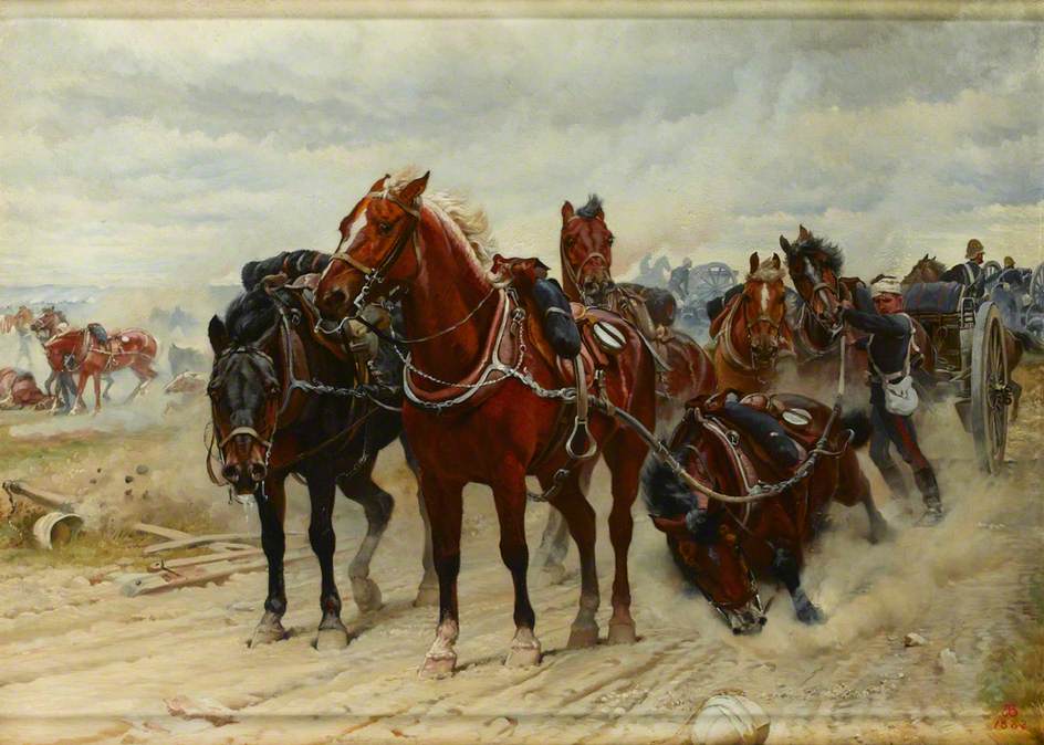 Patient Horses, a Royal Artillery Gun Team in Action, c 1882, vintage artwork by Elizabeth Southerden Thompson Butler, 12x8" (A4) Poster