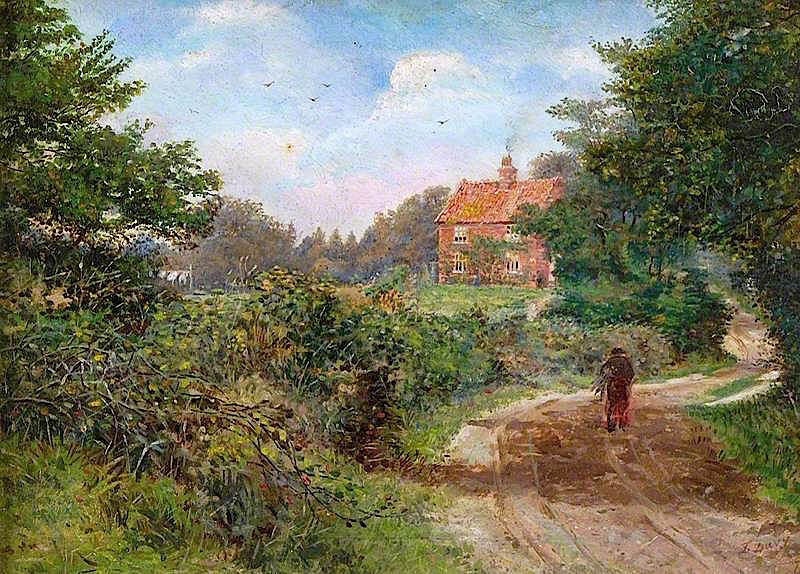 Man in a Lane Approaching a House, vintage artwork by Frederick Davy, 12x8" (A4) Poster