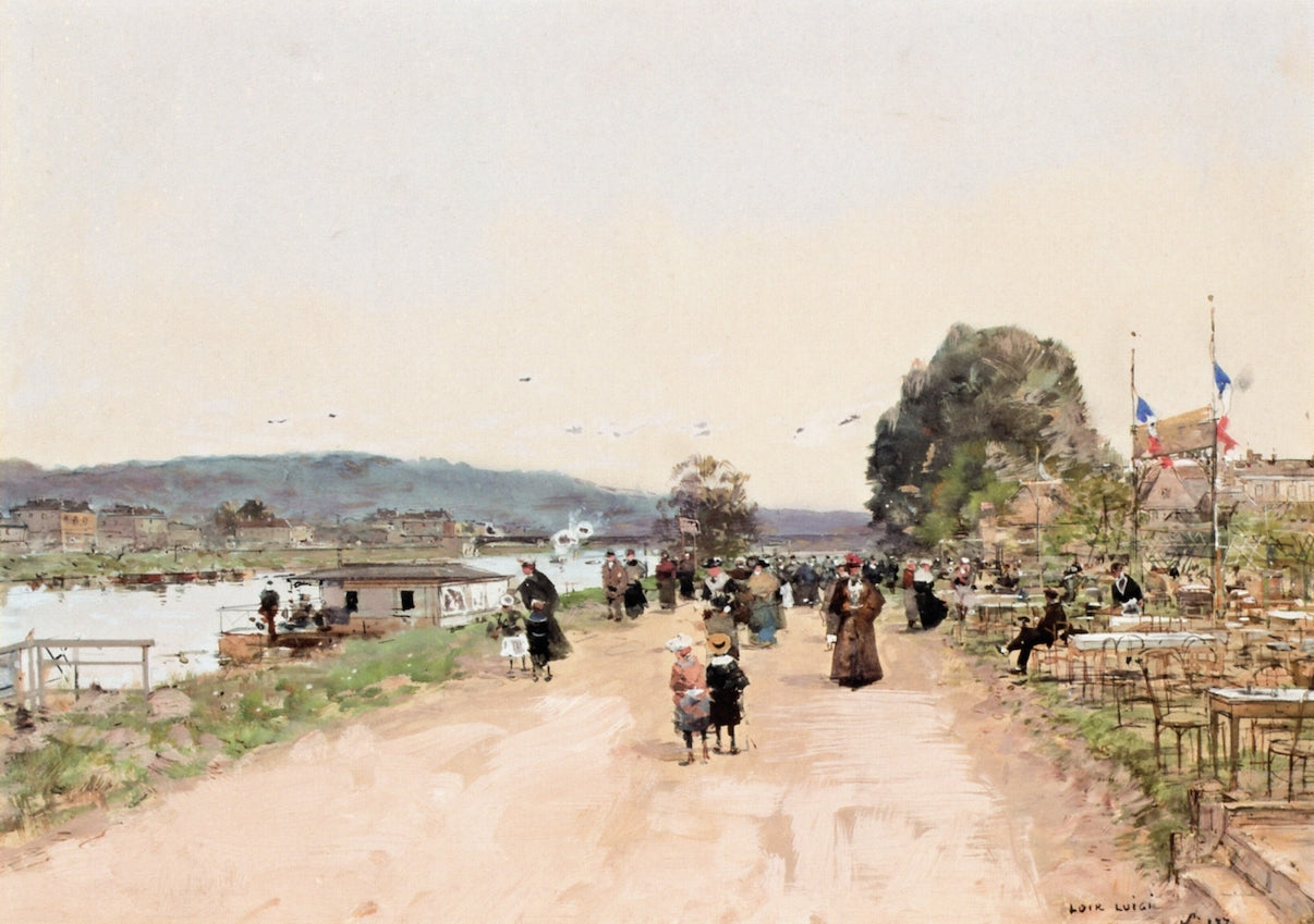 Cafe along a River, vintage artwork by Luigi Loir, 12x8" (A4) Poster