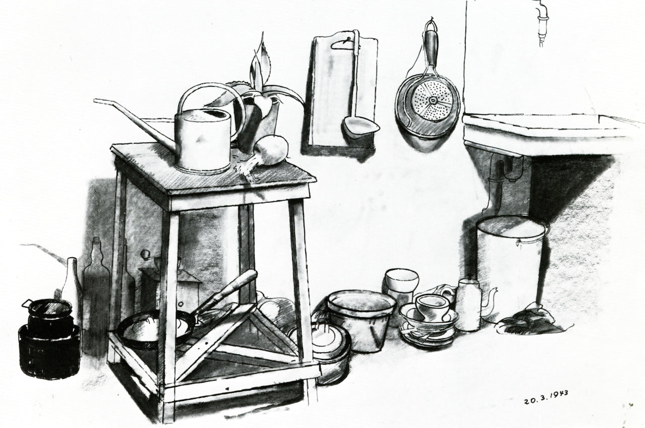 The Kitchen in Hiding, vintage artwork by Felix Nussbaum, 12x8" (A4) Poster