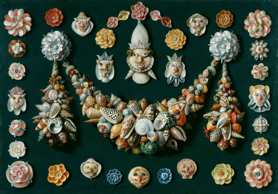 Festoon, masks and rosettes made of shells, vintage artwork by Jan van Kessel the Elder, 12x8" (A4) Poster