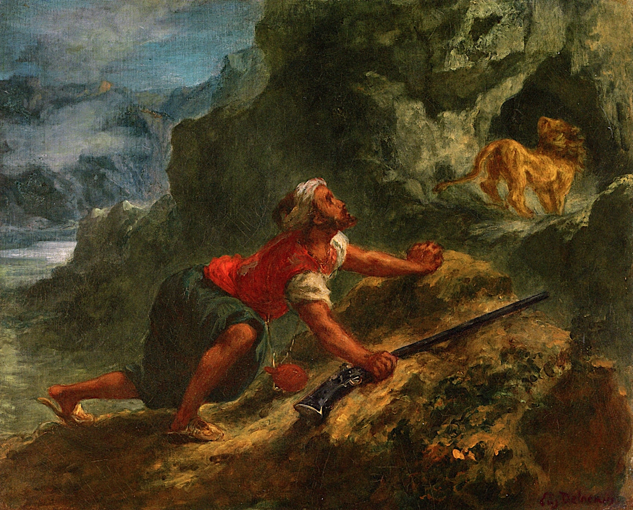 Arab Stalking a Lion, vintage artwork by Eugène Delacroix, A3 (16x12") Poster Print