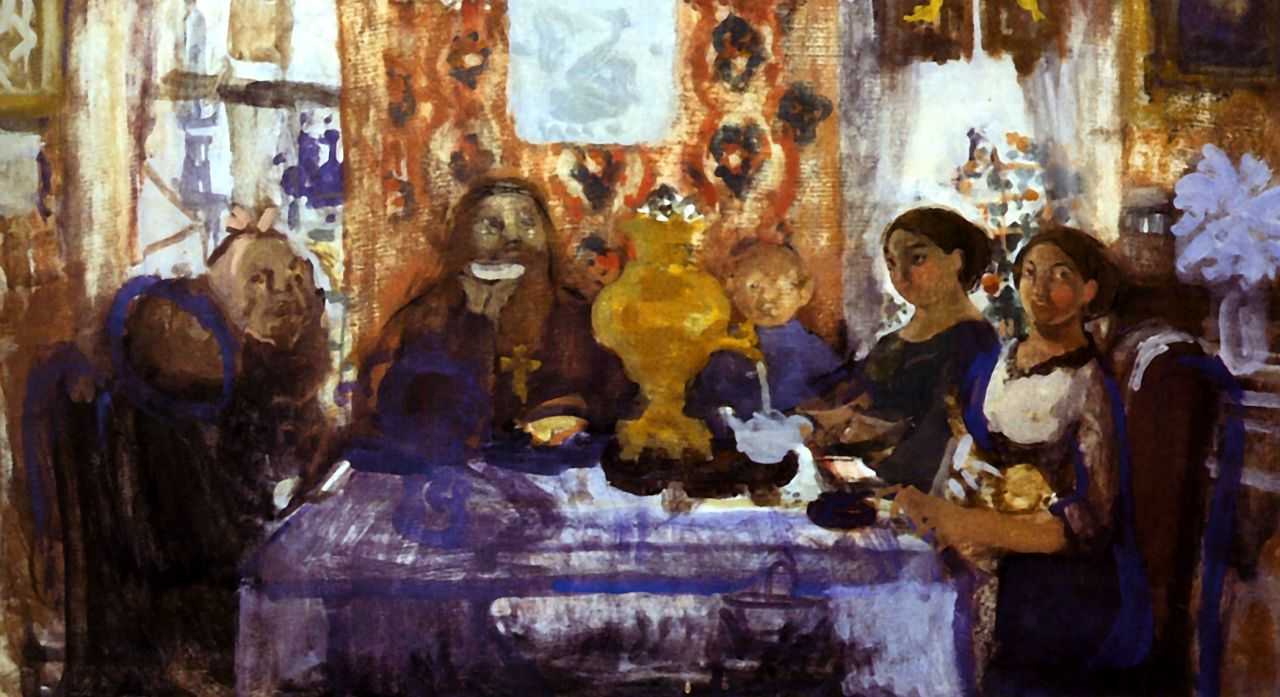 The Tea Party (study), vintage artwork by Nikolai Sapunov, 12x8" (A4) Poster