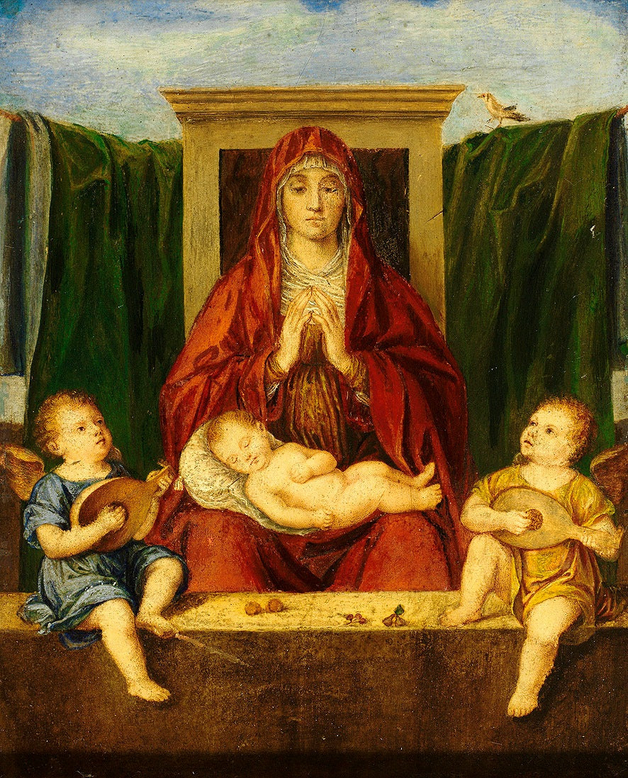 Madonna and Child with two angels playing, vintage artwork by Marie Ellenrieder, 12x8" (A4) Poster