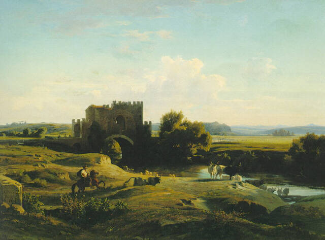 View of the Ponte Nomentano in the Roman Campagna, vintage artwork by Jean-Achille Benouville, A3 (16x12") Poster Print