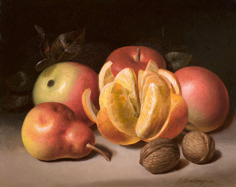 Still Life: Apples, Orange, Pear, and Nuts, vintage artwork by Peter Baumgras, 12x8" (A4) Poster