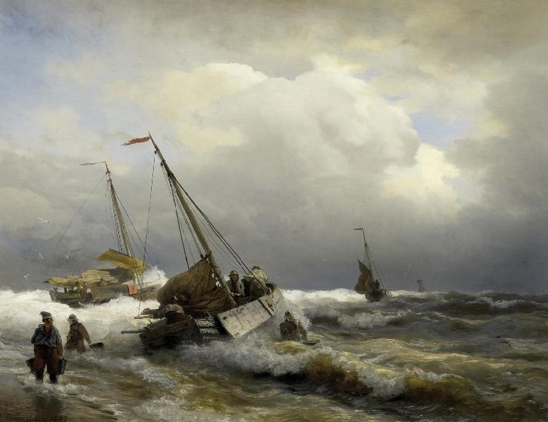 Inshore Fishermen in Rough Sea, vintage artwork by Andreas Achenbach, A3 (16x12") Poster Print