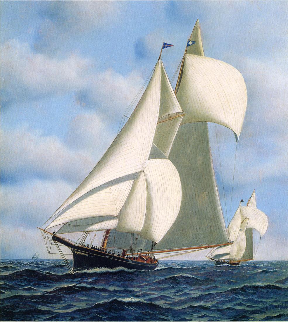 Sappho vs. Livonia, Americas Cup, 1871, vintage artwork by Antonio Jacobsen, 12x8" (A4) Poster