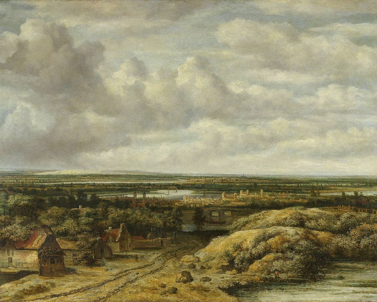 Distant View with Cottages along a Road, vintage artwork by Philips Koninck, 12x8" (A4) Poster