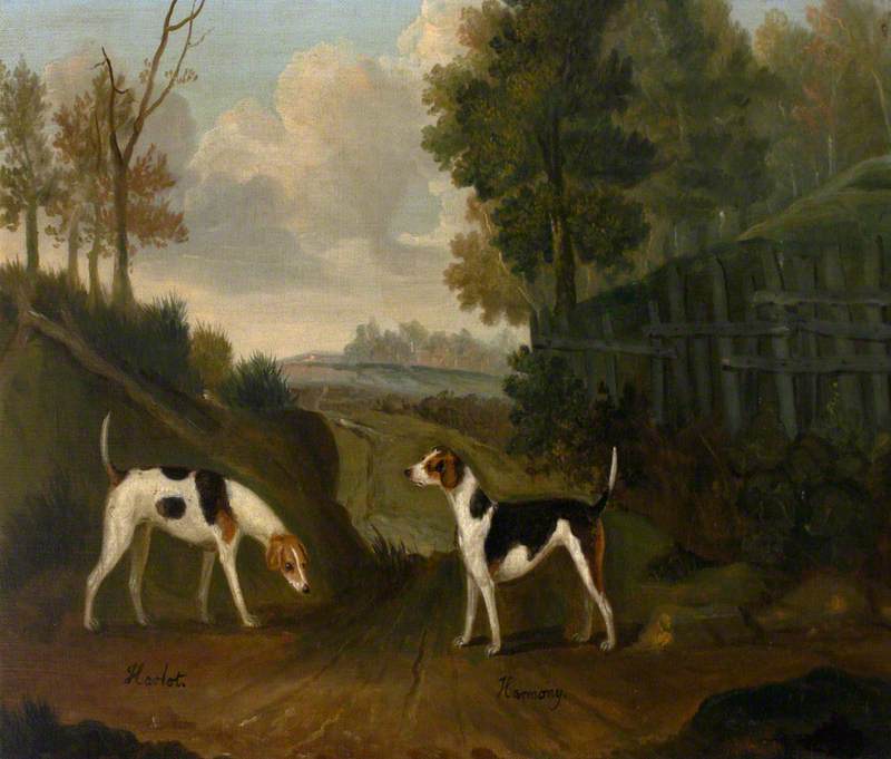 Harlot and Harmony, a Pair of Hounds, vintage artwork by Francis Sartorius, 12x8" (A4) Poster