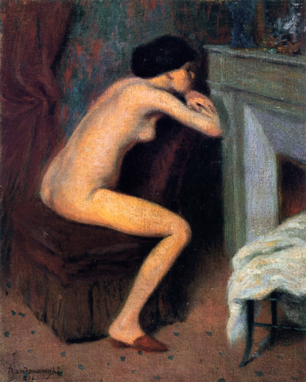 In Front of the Fireplace, vintage artwork by Federico Zandomeneghi, 12x8" (A4) Poster