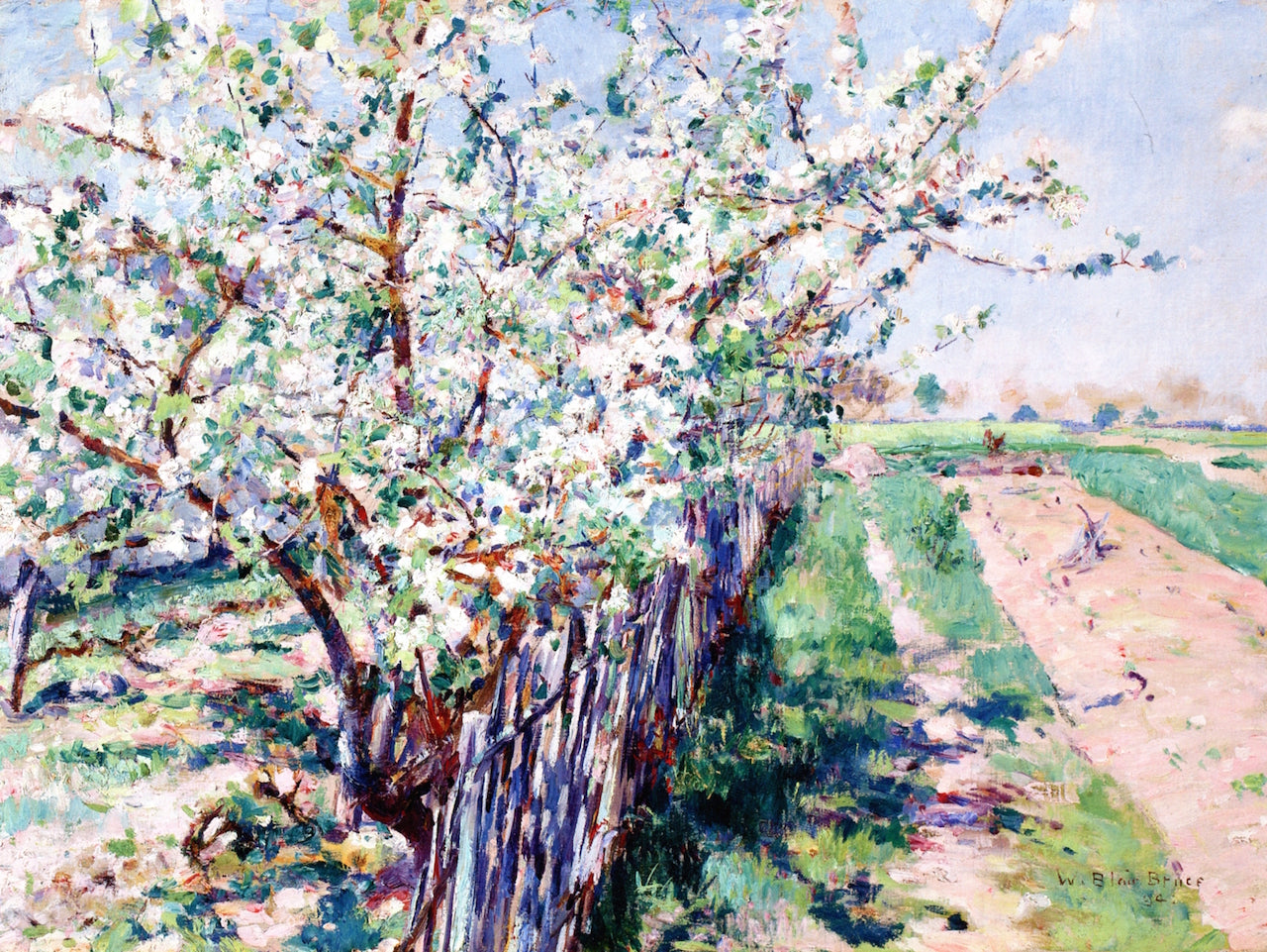 Fruit Trees in Bloom, Grez, vintage artwork by William Blair Bruce, 12x8" (A4) Poster