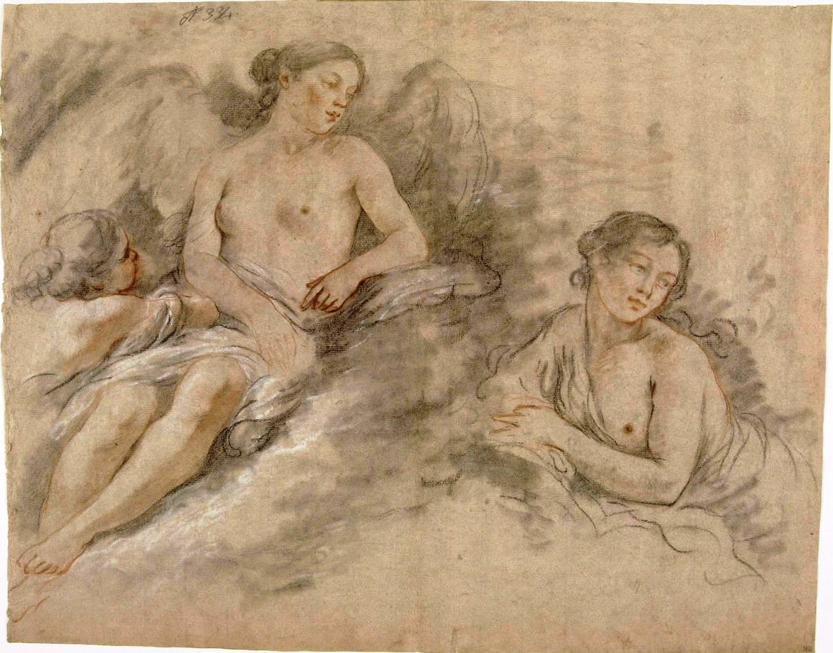 Winged Woman with a Child and another Woman, vintage artwork by Jean-Jacques Lagrenee, 12x8" (A4) Poster