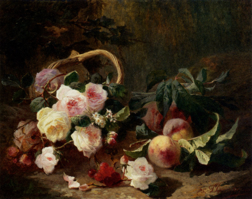 Basket Of Roses And Fruits, vintage artwork by Pierre Bourgogne, 12x8" (A4) Poster