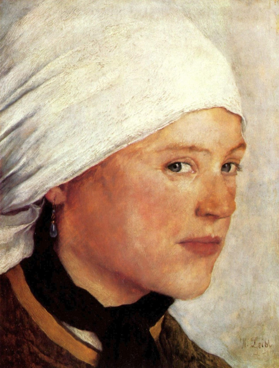 Country Girl with White Headscarf, vintage artwork by Wilhelm Leibl, 12x8" (A4) Poster