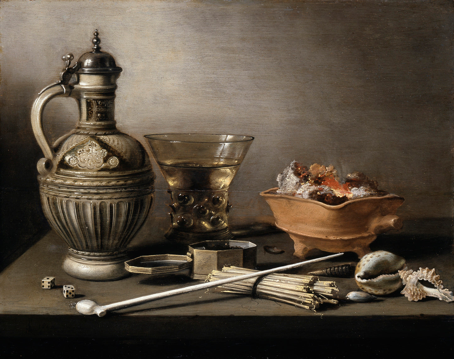 Still Life with a Stoneware Jug, Berkemeyer, and Smoking Utensils, vintage artwork by Pieter Claesz, 12x8" (A4) Poster