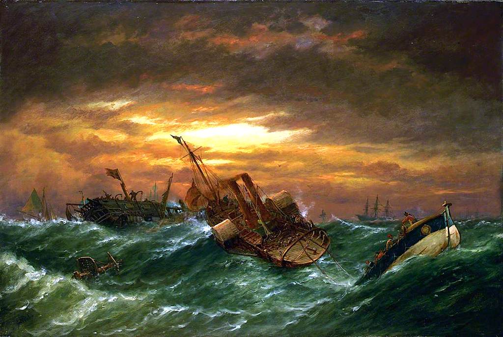Shipwreck with a Paddle Tug Towing a Lifeboat in a Gale, vintage artwork by Richard Henry Nibbs, A3 (16x12") Poster Print
