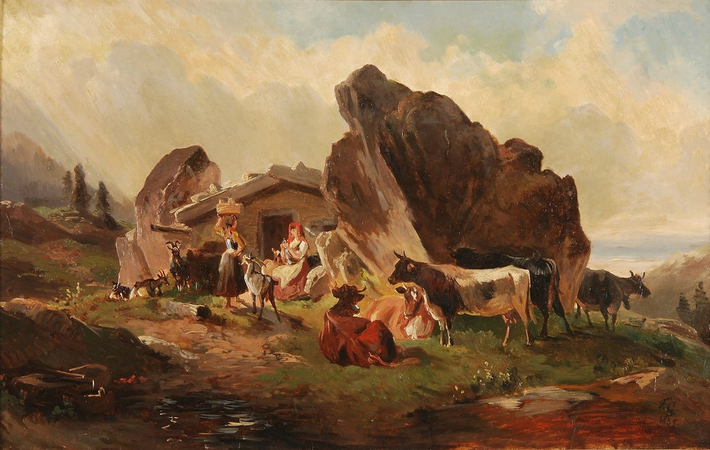 Cattle, Goats and Peasants by an Alpine Shack, vintage artwork by Friedrich Gauermann, A3 (16x12") Poster Print