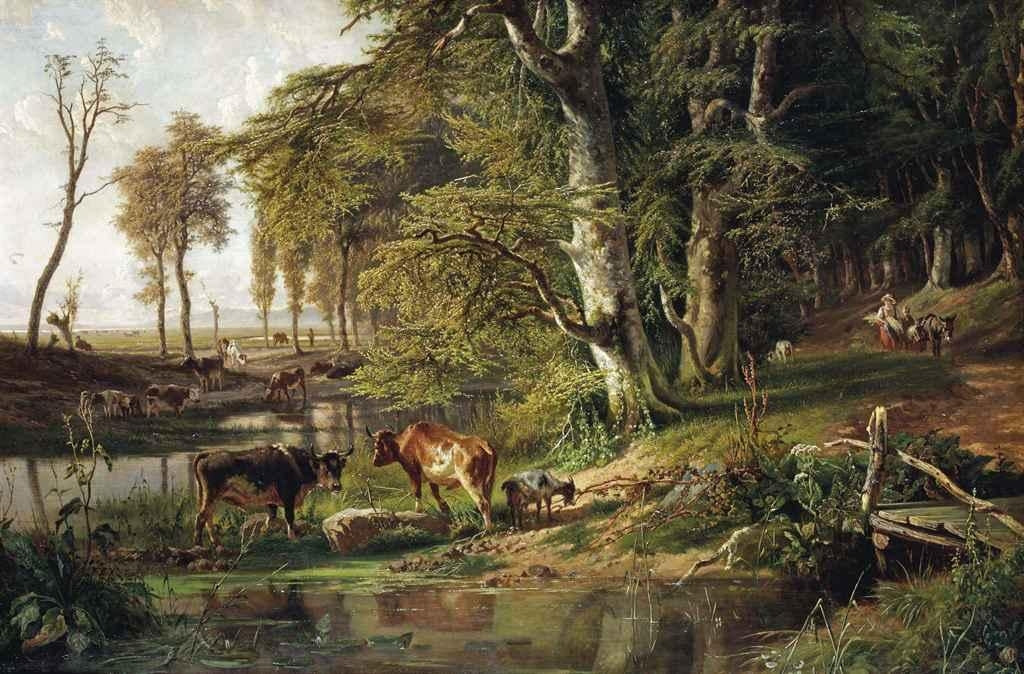 Grazing Cattle by a Woodland Stream, vintage artwork by Paul Joseph Constantin Gabriël, 12x8" (A4) Poster