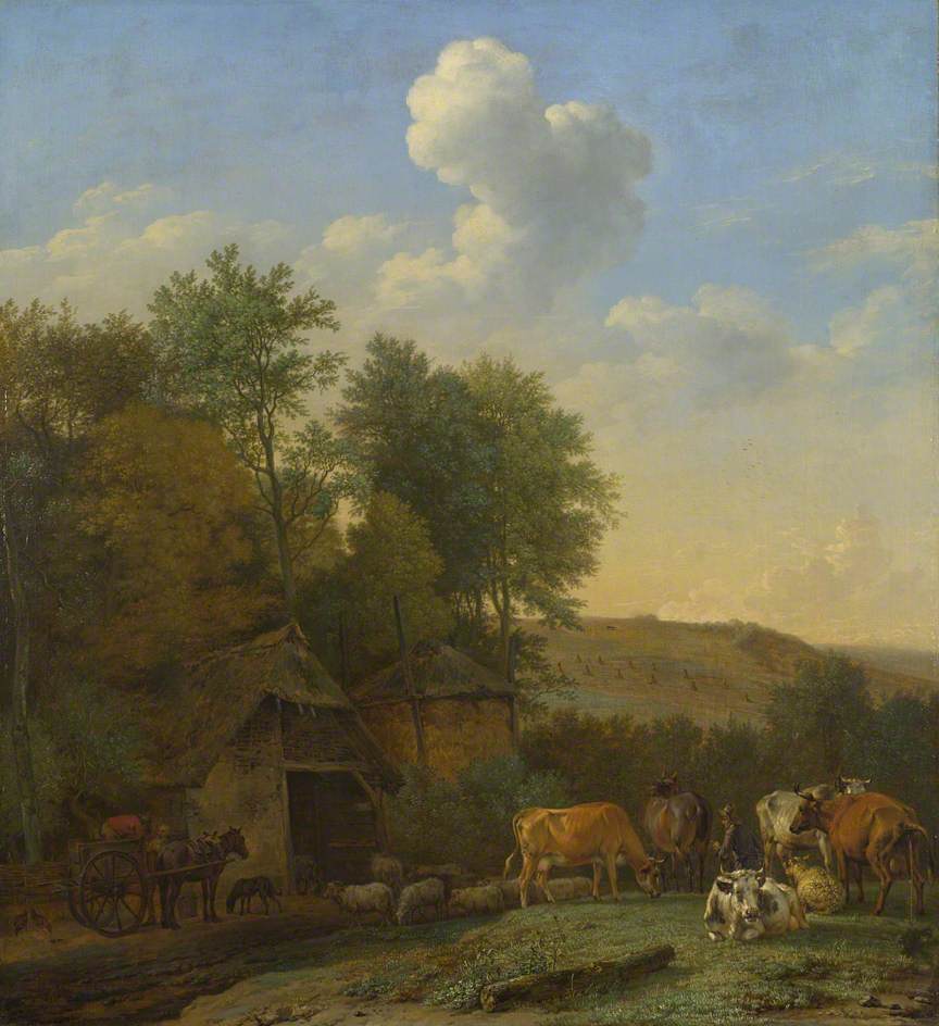 Landscape with Cows, Sheep and Horses by a Barn, vintage artwork by Paulus Potter, 12x8" (A4) Poster