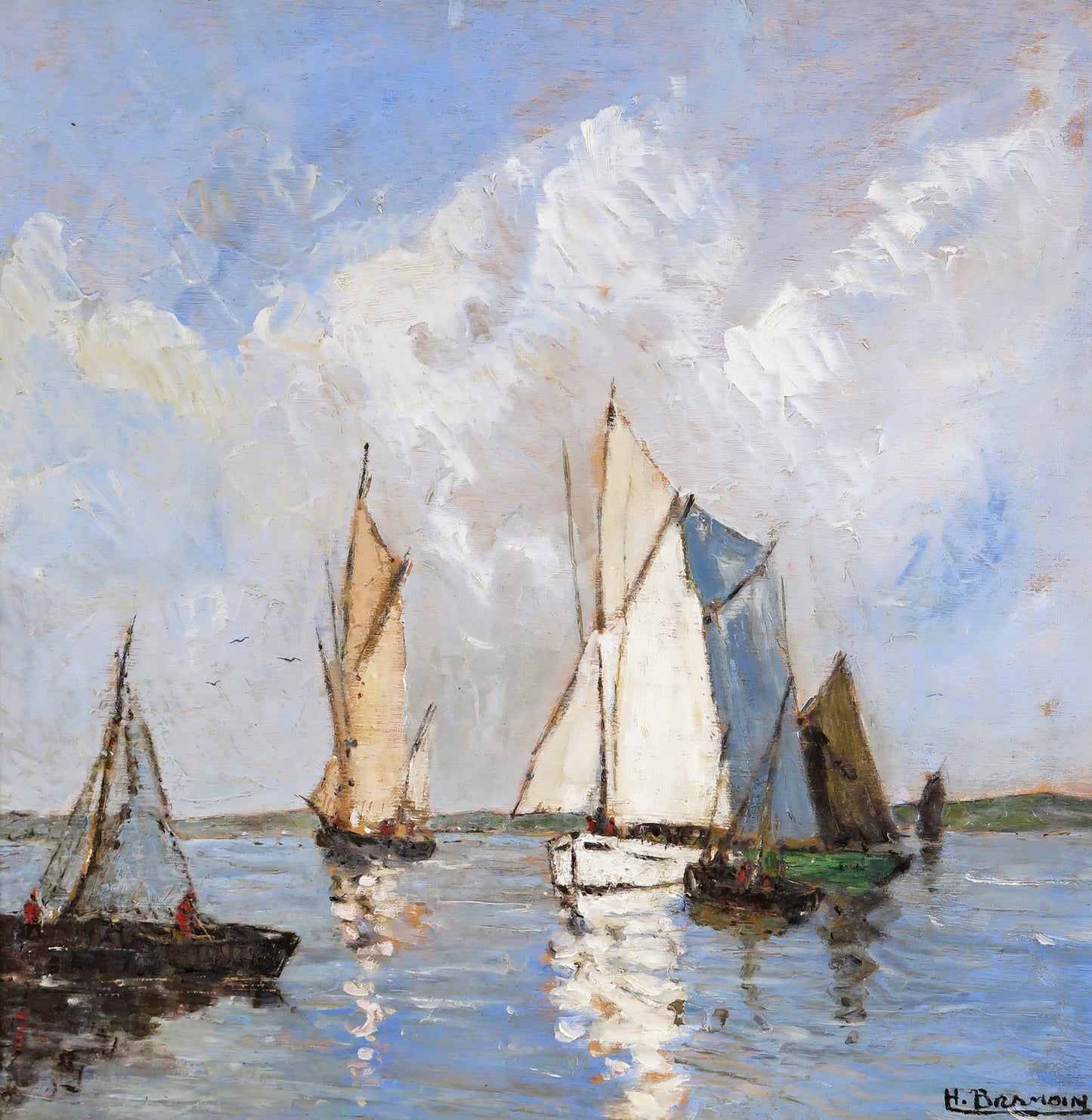 Sailing ships off the coast by Henri Alphonse Barnoin,16x12(A3) Poster