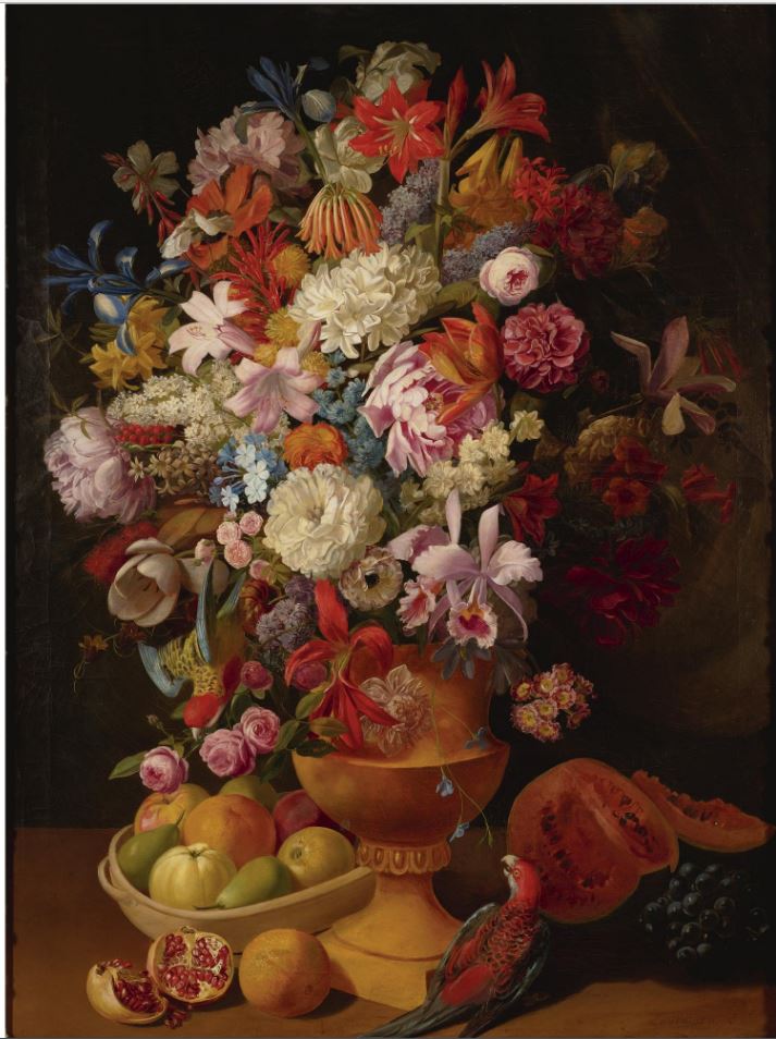 Still Life with Flowers, Fruit and Parrot, vintage artwork by Leopold von Stoll, 12x8" (A4) Poster