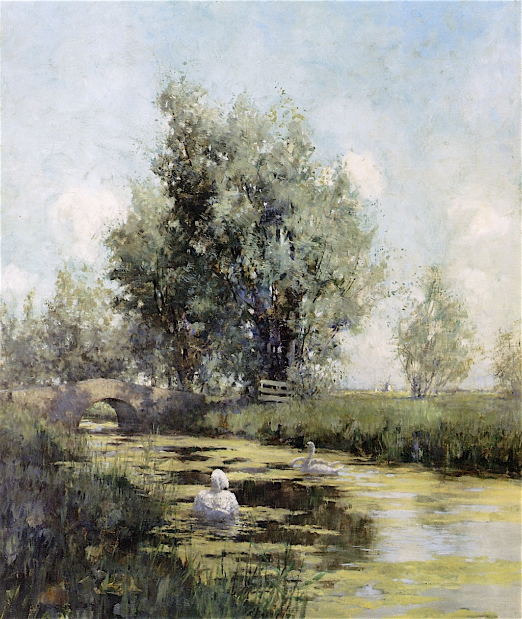 Swans by a Bridge, Holland, vintage artwork by George Hitchcock, 12x8" (A4) Poster