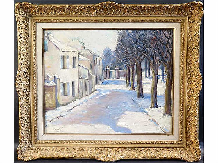 Village Street with Snow, vintage artwork by Paul Vogler, 12x8" (A4) Poster