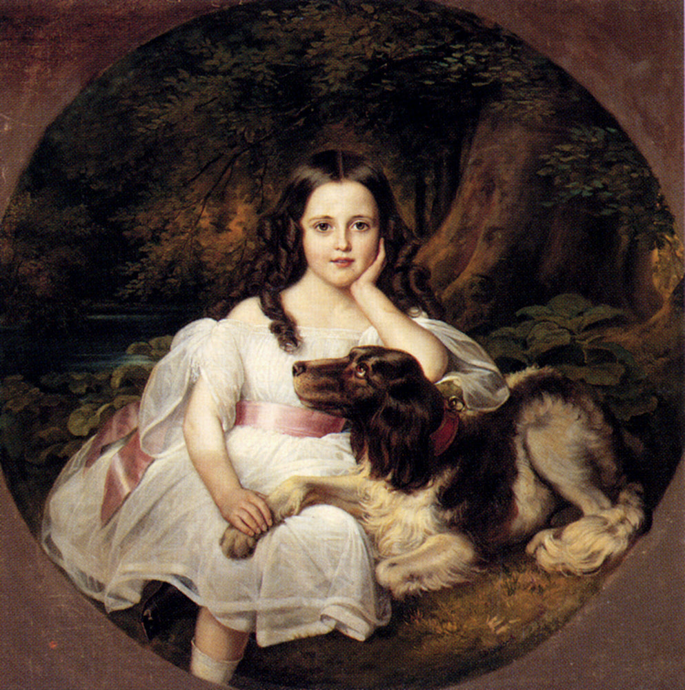 A Young Girl Resting In A Landscape With Her Dog, vintage artwork by Friedrich August von Kaulbach, 12x8" (A4) Poster