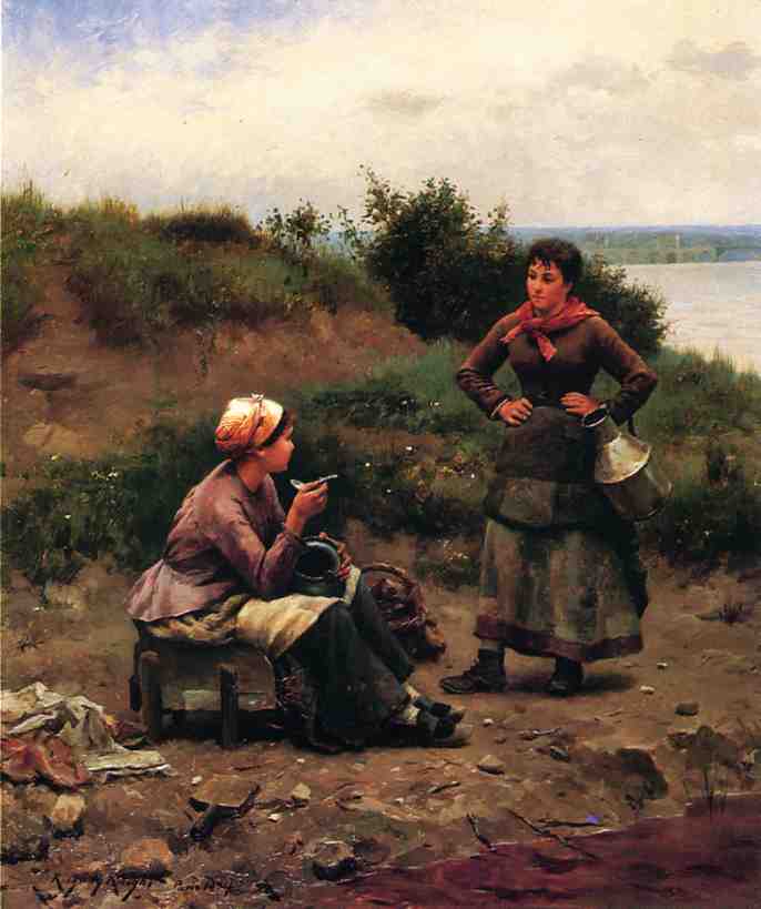 A Discussion Between Two Young Ladies, vintage artwork by Daniel Ridgway Knight, 12x8" (A4) Poster