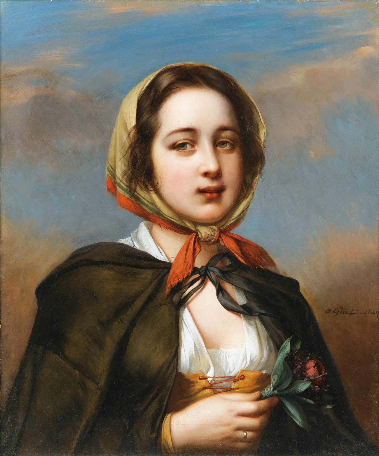 Girl with a Bouquet of Flowers, vintage artwork by Charlemagne Oscar Guet, A3 (16x12") Poster Print