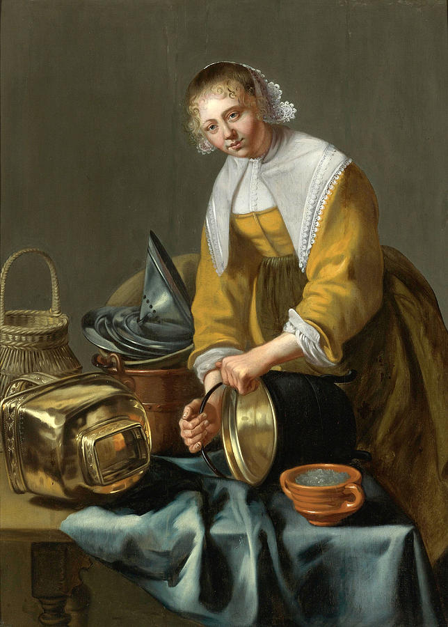 A Kitchen Maid Standing by A Table With Copper Pots, Pewter, Plates and Other Objects, vintage artwork by Willem van Odekercken, 12x8" (A4) Poster