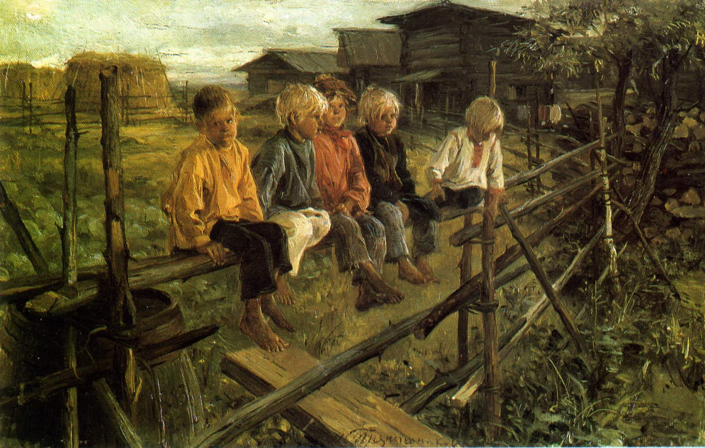 Children on the Fence, vintage artwork by Illarion Pryanishnikov, 12x8" (A4) Poster