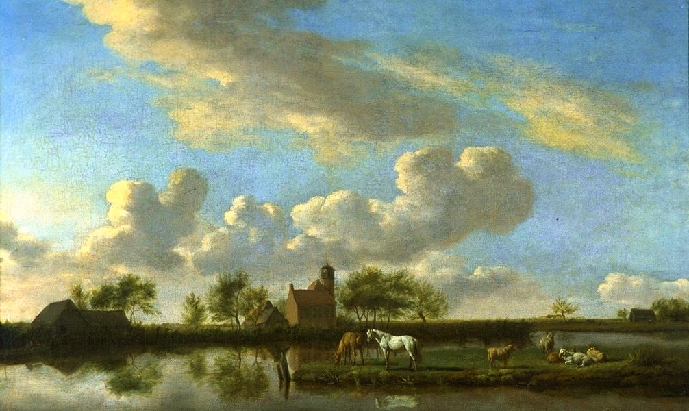 Flat River Landscape, vintage artwork by Adriaen van de Velde, 12x8" (A4) Poster