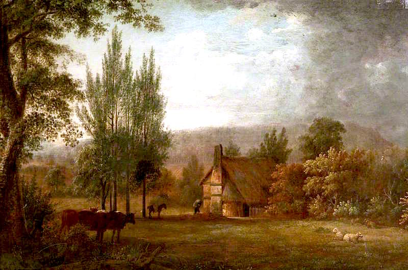 Landscape – Cottages and Cattle, vintage artwork by Anthony Devis, 12x8" (A4) Poster