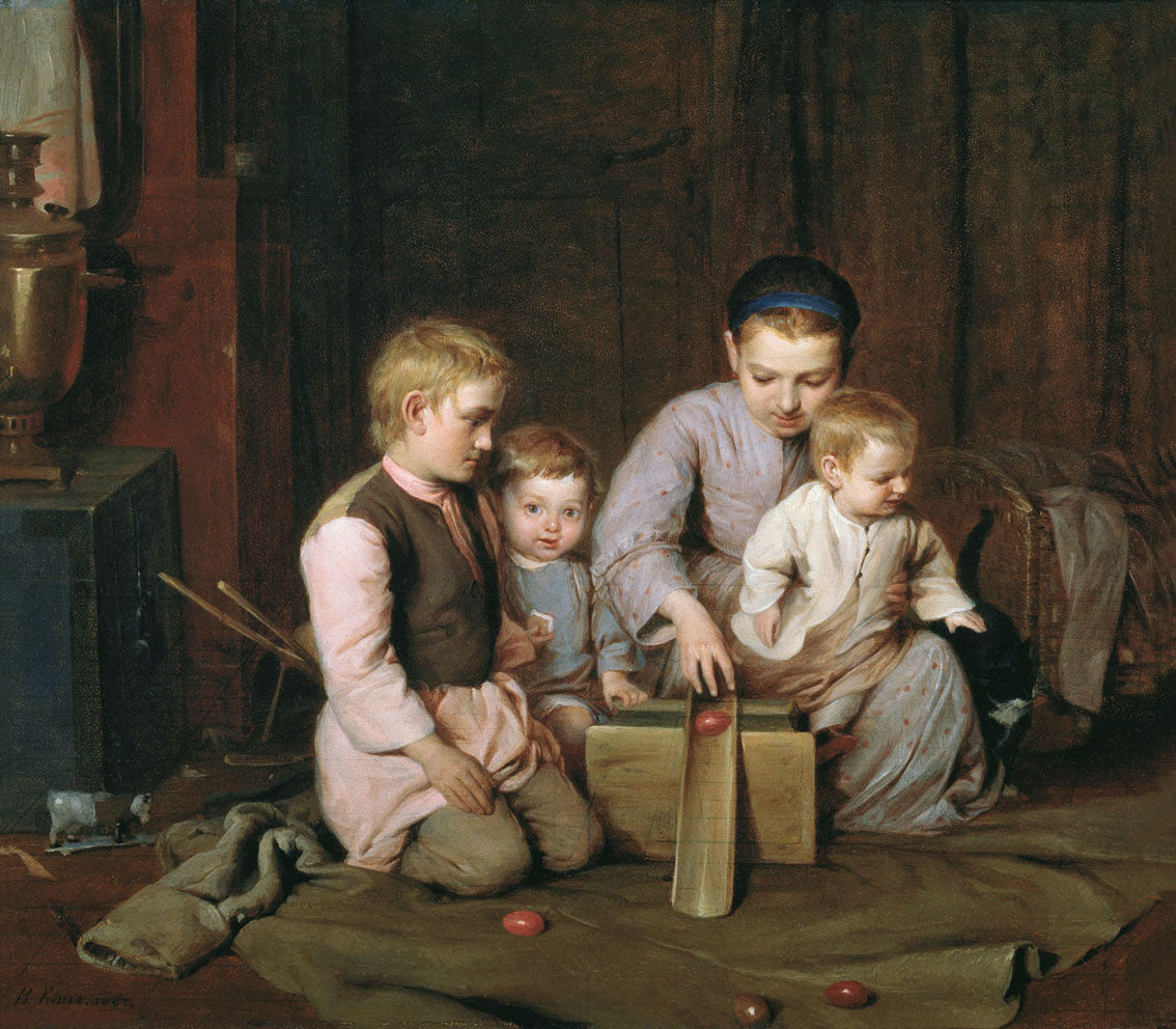 Children Rolling Easter Eggs, vintage artwork by Nikolai Koshelev, 12x8" (A4) Poster