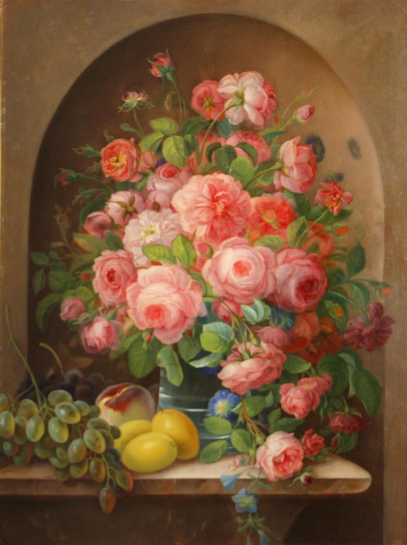 Still Life of Roses and Fruit in a Niche, vintage artwork by Josef Neugebauer, A3 (16x12") Poster Print
