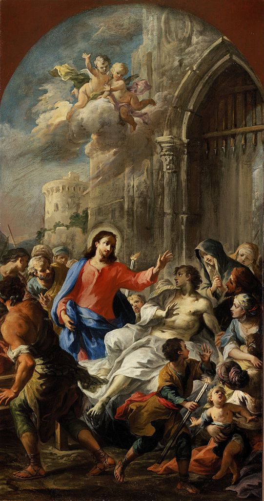 Raising of the Son of the Widow of Nain, vintage artwork by Martino Altomonti, 12x8" (A4) Poster