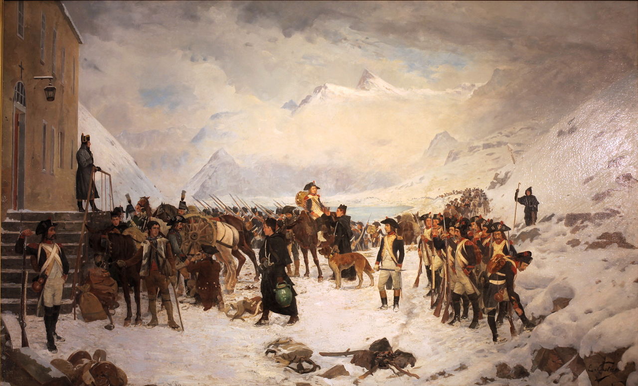 Napoleon Crossing the Great St Bernard Pass, vintage artwork by Edouard Castres, 12x8" (A4) Poster