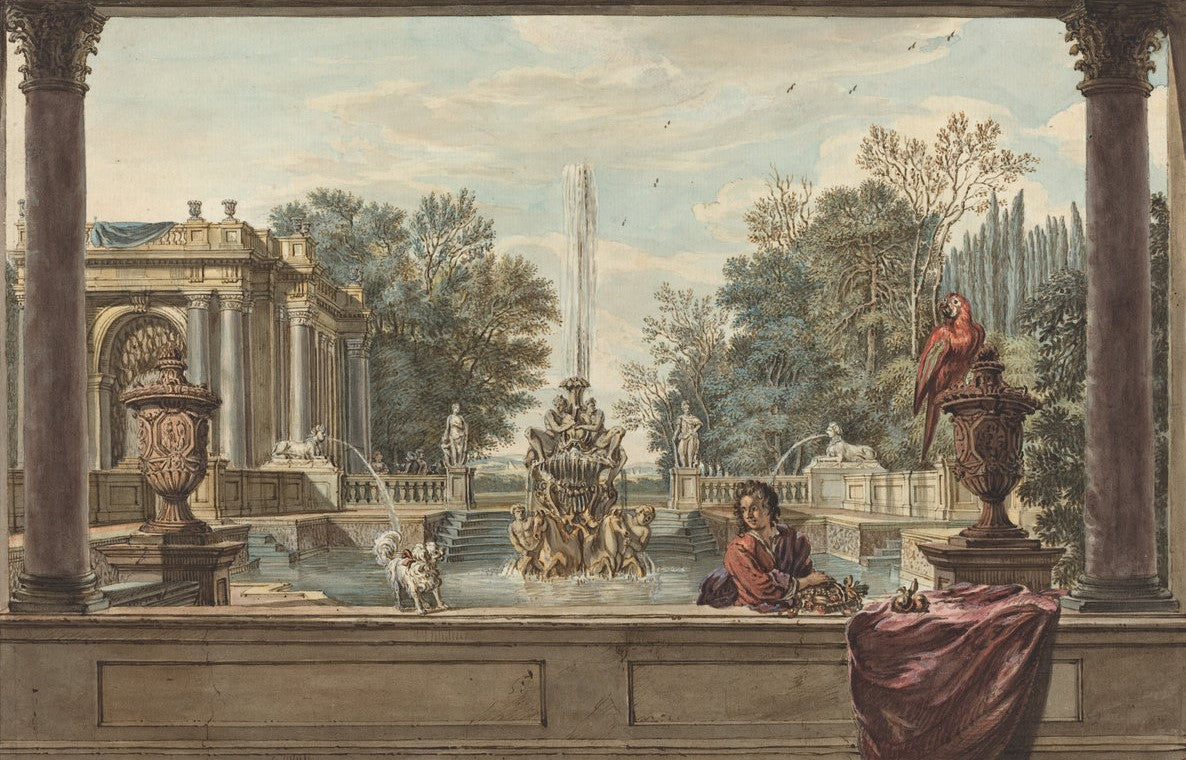 An Italianate Garden with a Parrot, a Poodle, and a Man, vintage artwork by Isaac de Moucheron, 12x8" (A4) Poster