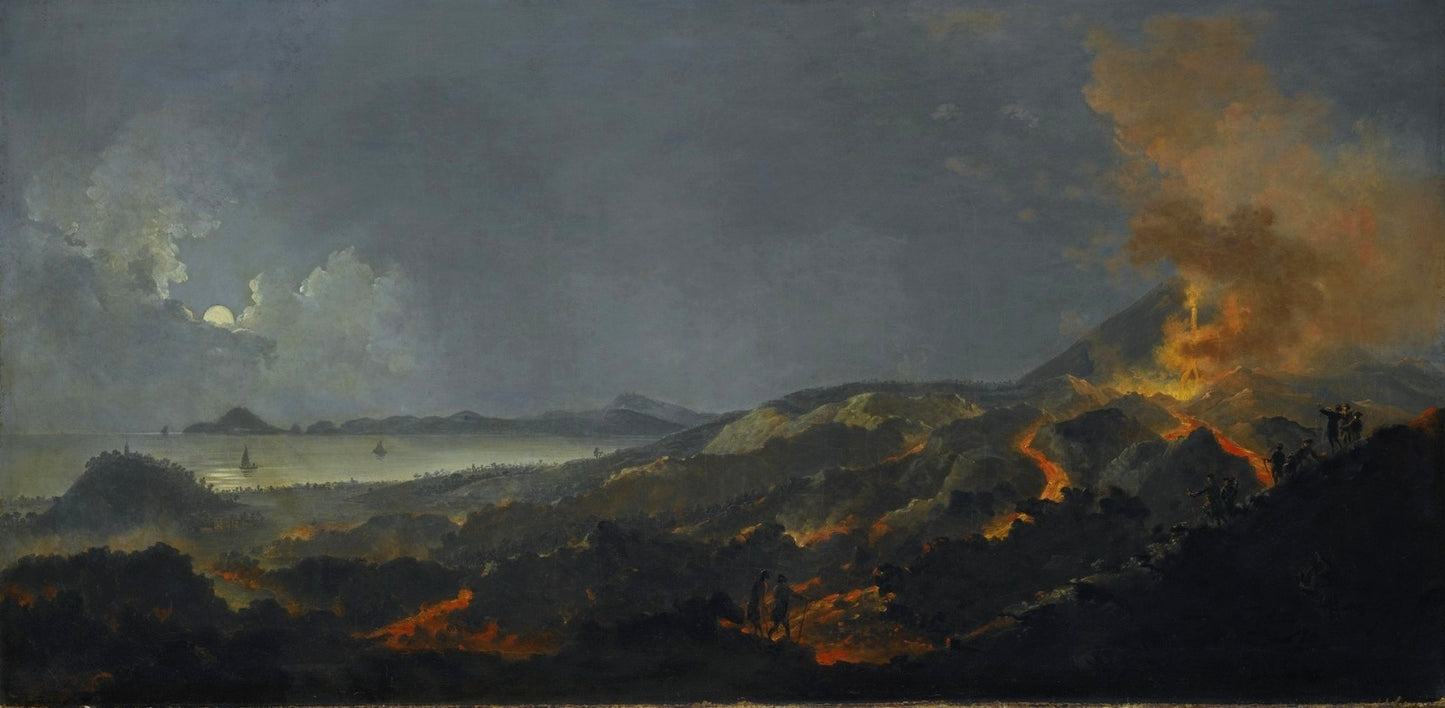 A nocturne with a Coastal Landscape and an erupting Volcano, vintage artwork by Pierre-Jacques Volaire, 12x8" (A4) Poster