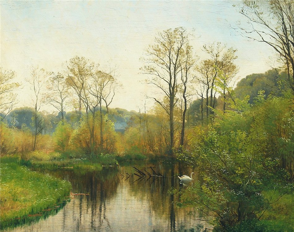 Forest lake with floating swan a beautiful spring day, vintage artwork by Carl Frederik Aagaard, 12x8" (A4) Poster