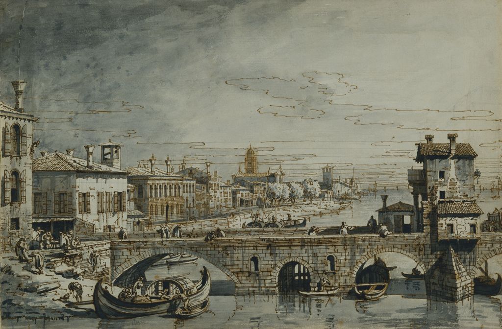 A Capriccio with the Ponte delle Navi in Verona, vintage artwork by Attributed to Bernardo Bellotto, 12x8" (A4) Poster