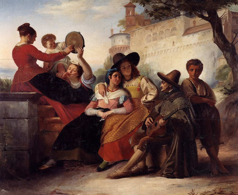 Aveugle jouant de la guitare devant un groupe d'enfants, vintage artwork by François Joseph Navez, 12x8" (A4) Poster