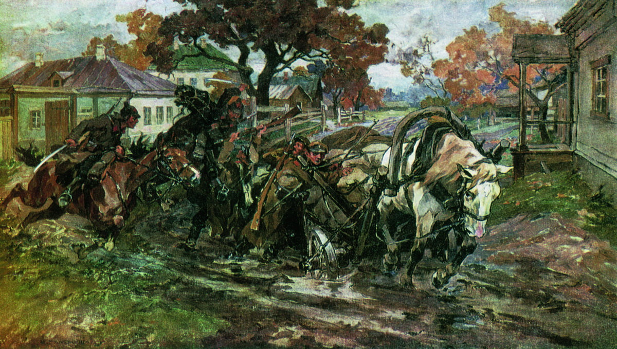 The Attack on a Wagon, vintage artwork by Nikolai Samokish, 12x8" (A4) Poster