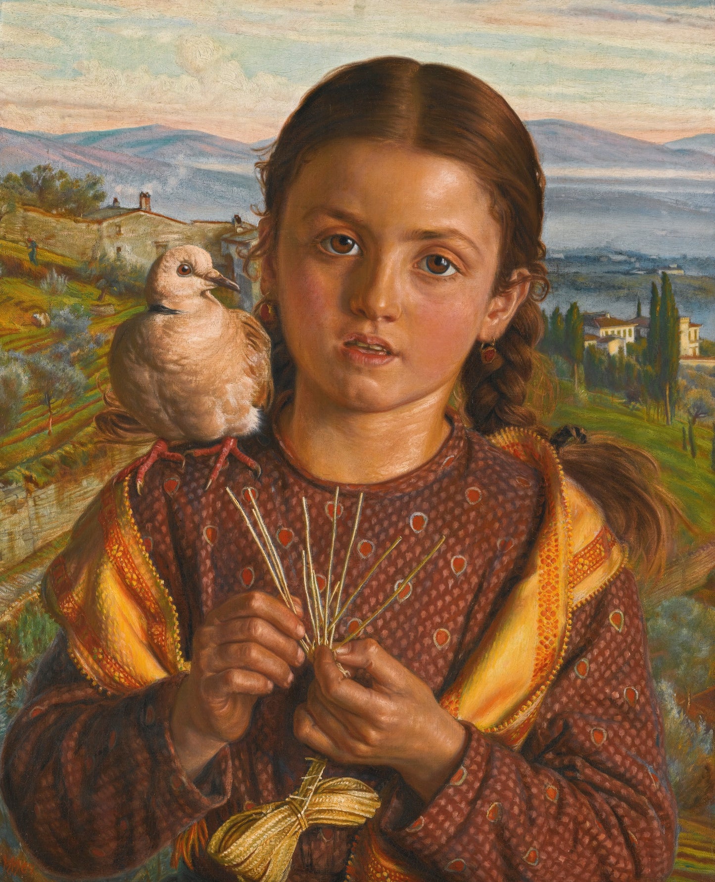 Tuscan Girl Plaiting Straw, vintage artwork by William Holman Hunt, 12x8" (A4) Poster