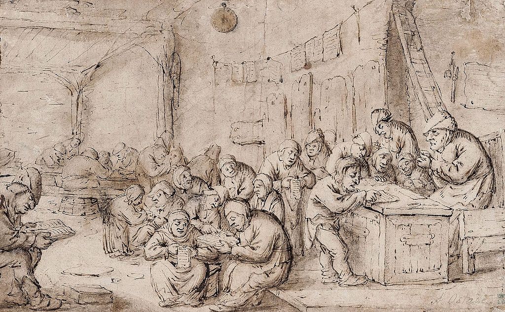 Peasant school with a teacher sharpening his pen, vintage artwork by Bartholomeus Molenaer, 12x8" (A4) Poster