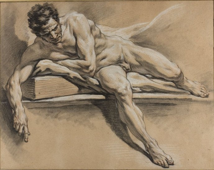 Academic Study of a Reclining Male Nude, vintage artwork by François Boucher, 12x8" (A4) Poster