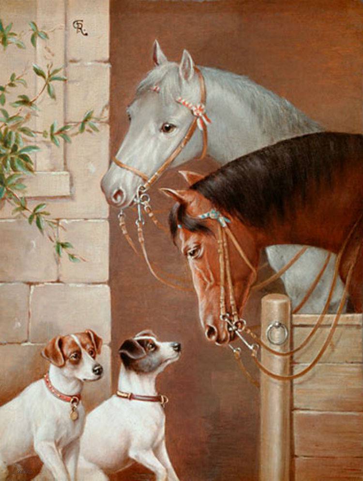 The encounter at the horse barn, vintage artwork by Carl Reichert, 12x8" (A4) Poster