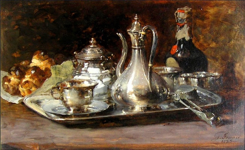 Still-life with a Silver Jug, vintage artwork by Guillaume-Romain Fouace, 12x8" (A4) Poster
